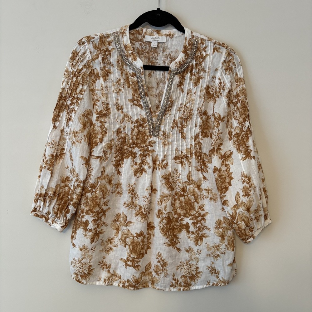 100% Linen Beaded Pintuck Floral Popover Top XS Coastal Boho Cottagecore Pleated